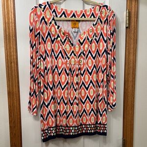 Ruby Rd Vibrant Orange and Navy Geometric Tunic—size 1X